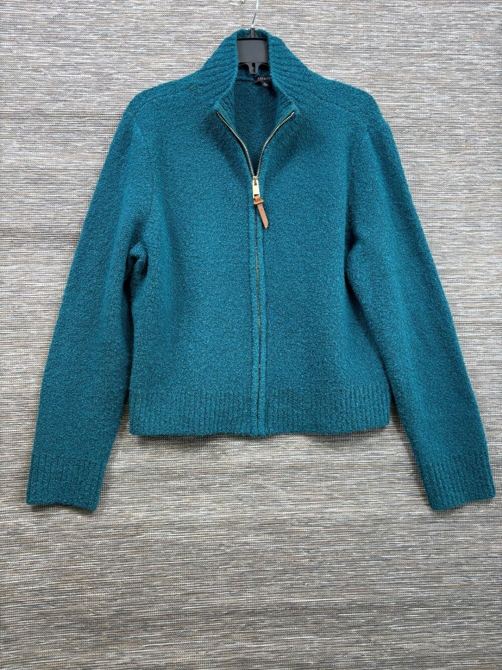 Talbots Wool Blend Knit Sweater Womens Sz XL Teal Full Zip Mock Neck Long Sleeve